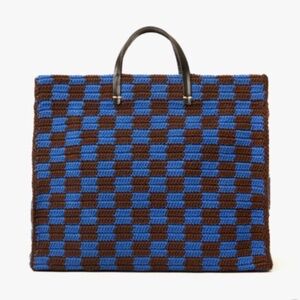 Clare V Simple Summer Tote Deep Blue/Chocolate Crochet Checker